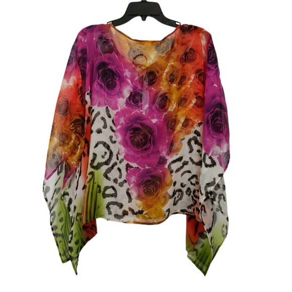 Boston Proper Animal Print Floral Beaded Poncho Top Size 18 V-Neck Sheer Chiffon - Picture 3 of 6